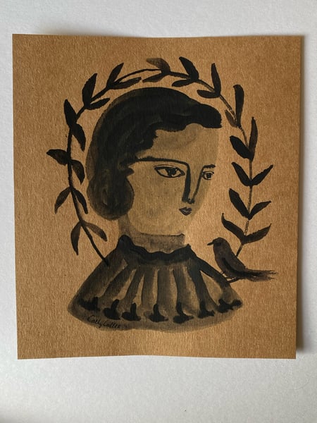 Image of 4. Original work on brown paper (bird on her shoulder)