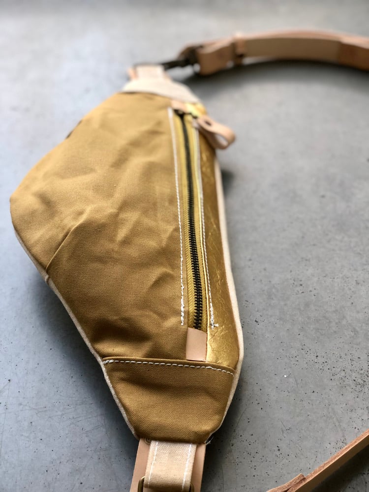 Image of Fanny pack in waxed canvas and pinatex / chest bag / day bag/ with leather shoulder strap