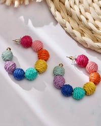 Colorful Raffia Ball Hoop Drop Dangle Earrings