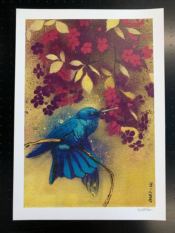 Image of Hummingbird and blossom ( purple open edition)