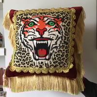 Image 2 of Red Velvet Leopard Tiger Patch Fringed Cushion Cover