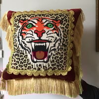 Image 14 of Red Velvet Leopard Tiger Patch Fringed Cushion Cover