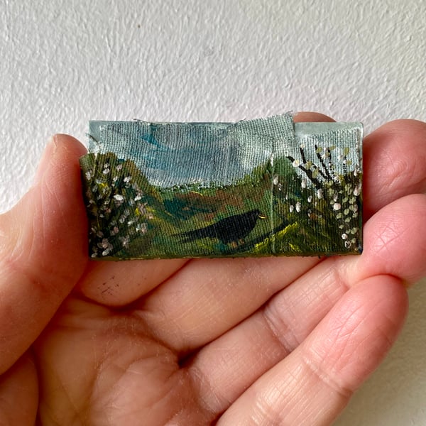 Image of Blackbird and blossoms - tiny painting 