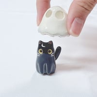 Image 2 of Glow In Dark Black Cat With Ghost Mask ceramic Figurine white gold version 