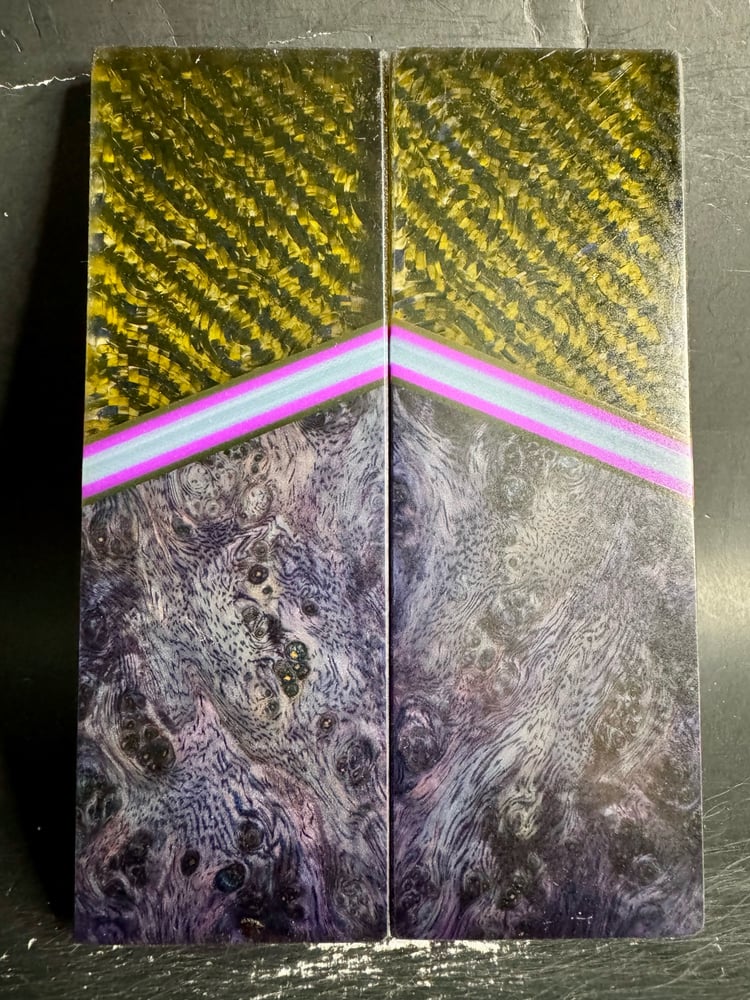 Image of @Kaoticartworks 3-D Resin & Amboyna Burl GLOW Segmented Knife Scales