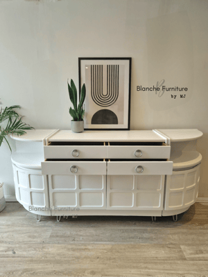 Image of Nathan Curved sideboard in White with Silver handles and legs