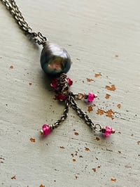 Image 1 of Peacock pearl and ruby tassel necklace