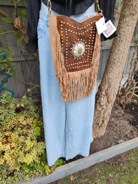 Image 6 of Yellowstone cowboy print suede fringe milk choc and tan