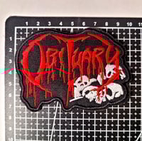 Image 2 of Obituary Band Logo & Skulls Embroidered Patch With A Merrowed Edge