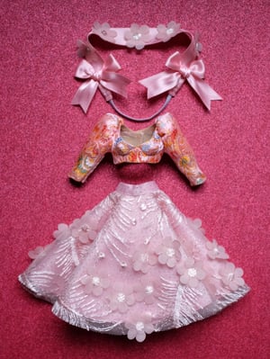 Image of Lounging Linda ~ Pink Christmas Bustier top, 3D Floral Skirt, Hairband