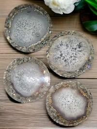 Image 2 of Set of 4 Agate & Moonstone Healing Crystal Resin Coasters With Holder 'The Curiosity'