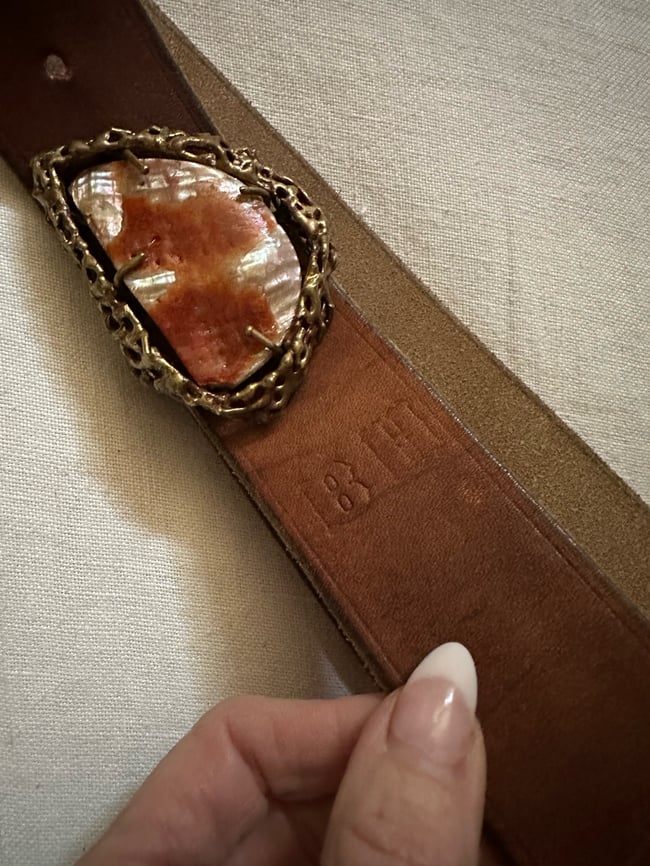 early 1970s leather and abalone buckle French belt