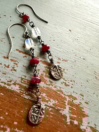 Image 3 of ruby and rainbow moonstone dangle earrings with sterling silver medallions