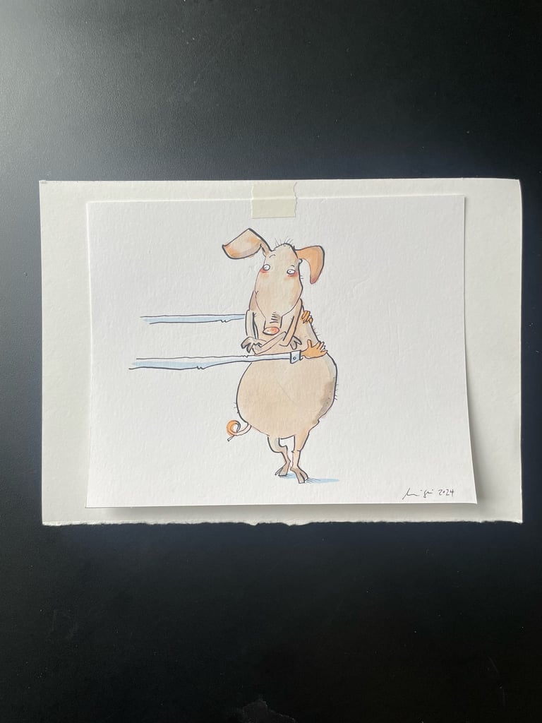 Originalzeichnung Tusche und Aquarell auf Papier "festgehaltenes Schwein"