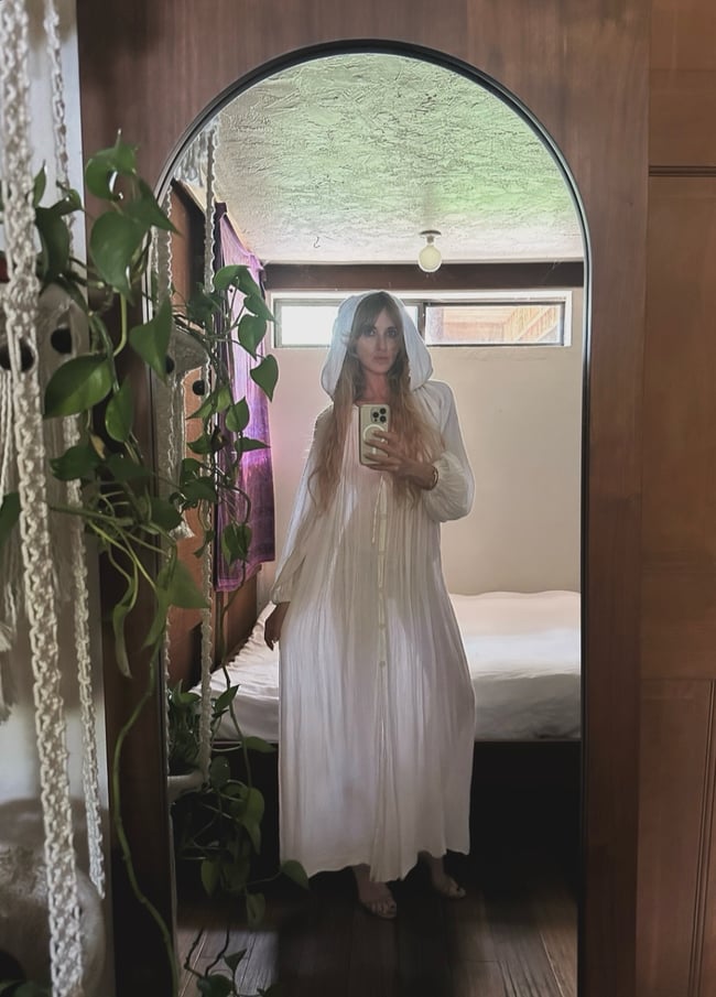 late 60s early 1970s gauze caftan maxi dress with hood