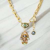 Image 3 of Hamsa Palm Shaped Colored Oil  Evil Eye Style Stainless Steel Necklace