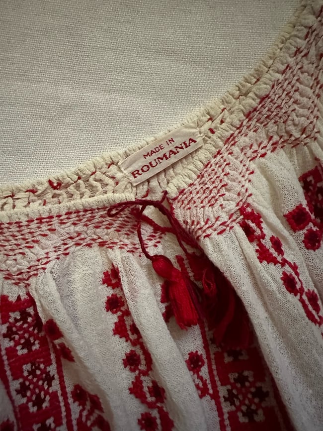 1960s Romanian hand embroidered gauze peasant blouse