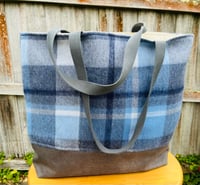 Image 2 of Hand Embroidered Sheep on Scottish Blue Tartan - Tote Bag
