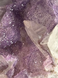 Image 14 of LAVENDER DRUZY QUARTZ EGG WITH RAINBOW FILLED CALCITE POINT ON A STAND -URUGUAY-