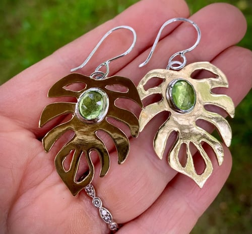 Image of Peridot Monstera Earrings- Fina Moon Silver Studio