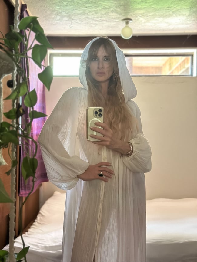 late 60s early 1970s gauze caftan maxi dress with hood