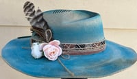 Image 2 of Handmade Torch Burned Blue Fedora Hat, Roses & Feathers