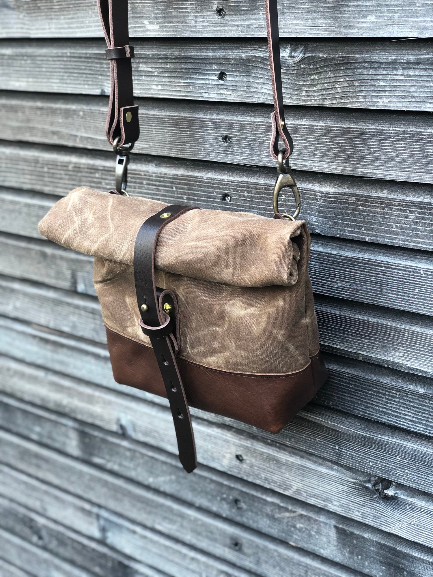 Image of Waxed canvas day bag in brush brown with leather bottom