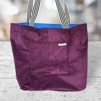 Image 1 of Plum jumbo cordoroy bag  bright blue lining
