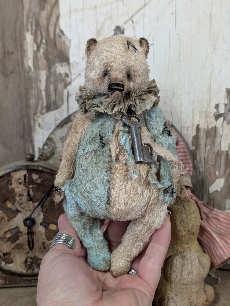 Image of  7" -Vintage Old Primitive CReAM & BluE Teddy Bear   by Whendi's Bears