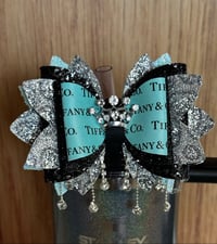 Image 1 of Designer Inspired Teal, Silver, and Teal Tumbler Straw Topper Bow