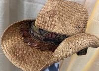Image 2 of Tan Straw Cowboy Hat Rust Beads & Multi Colored Band
