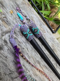 Image 2 of Beaded feather and turquoise hair stix