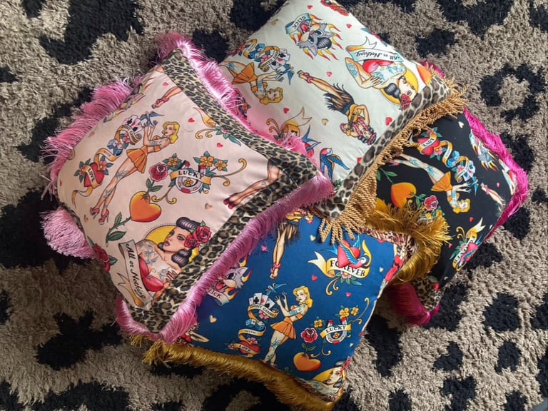 blue Pinup Girl with tiger print Cushion cover Image 10