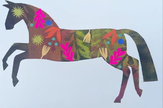 Image of Brown and pink mono printed horse with collaged elements 