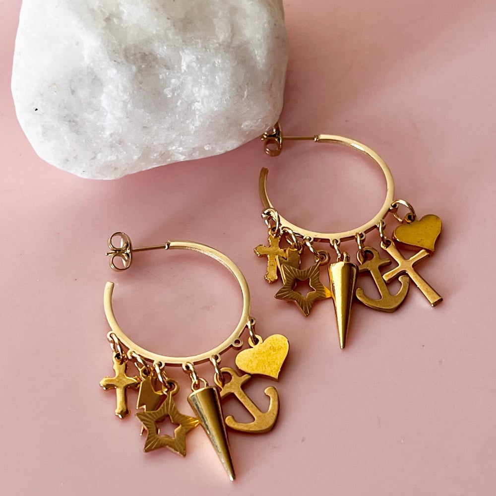 Image of One of a Kind Earrings - Multi charm Half Hoops