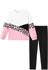 Image 1 of PATPAT Little Girls  Crew Neck Leopard Color Black Sweatshirt and Leggings Girls Outfits Size 12-13Y