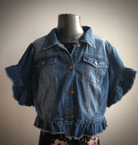 Image 2 of Upcycled “What would Dolly Do/Tie Dye” ruffled crop denim vest