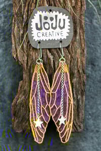 Image 1 of Purple Gold Silk Cicada Fairy Wing Earrings