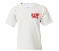 White -Tee Red Hold Up Wait logo 