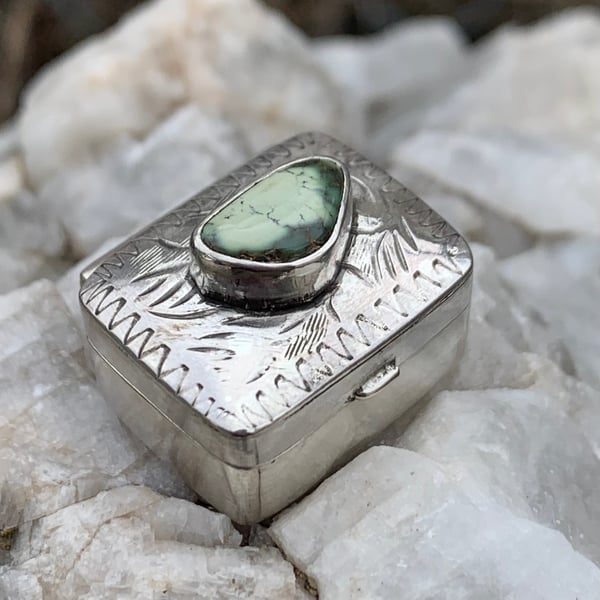 Image of Vintage Rectangular Sterling Silver Pill / Trinket Box with Damele Turquoise 