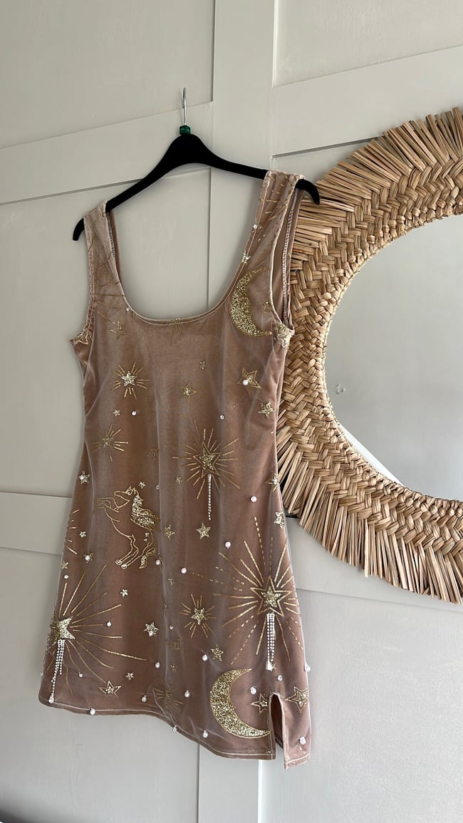 Sparkly horse, star, sun and moon sequin details tulle and champagne velvet dress