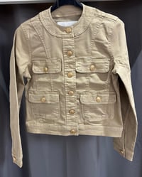 TAUPE GOLD BUTTON FRONT POCKETS ROUND NECK DENIM STRETCH JACKET