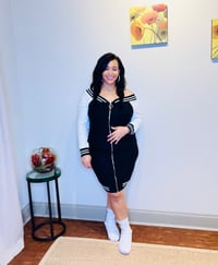 Image 1 of Curvy MVP Off Shoulder Varsity Jacket Dress