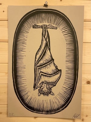 Image of SLEEPY BAT woodcut poster