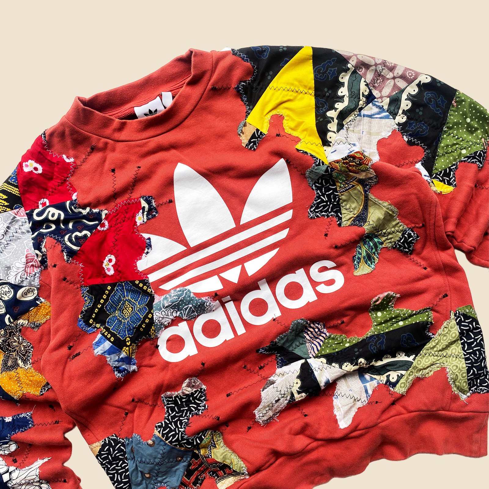 REWORKED ADIDAS BATIK PATCHWORK SWEATSHIRT SIZE LARGE konkrite market