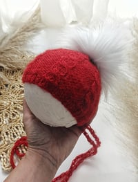 Image 1 of Newborn knitted hat for photoshoot | red and white | with pompom | dark red | Christmas| winter