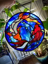 Image 5 of Koi Fish Stained-Glass Window Panel - Blue Water Circle Window Hanging with Orange and White Koi