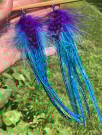Image 4 of Feather Earrings, Festival Earrings, Colorful Dangle Earrings, Feather Drop Earrings Purple and Blue