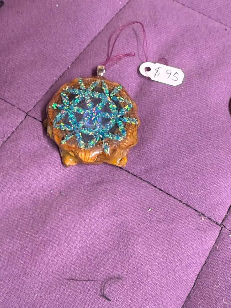 Image of Fire Opal with Crushed Opal Flower of Life Background Charm | PNW Handcrafted Jewelry | #133