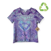 Image 1 of ♻️ UPCYCLED M Ladies Stretch Heart Tee in Pinkish Purple Ice Dye